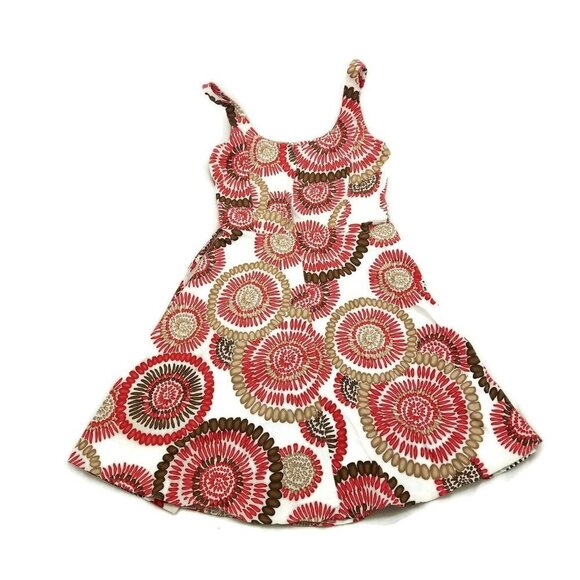 Breakin' Loose Red/White/Brown Mod Floral Zip Up Below Knee Sun Dress Womens 8 - Picture 1 of 6